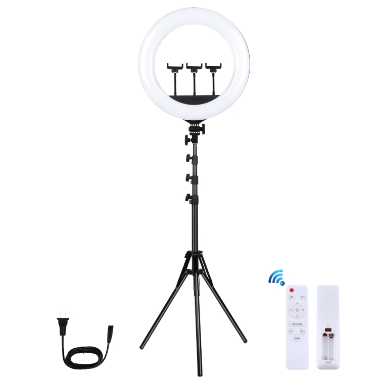 PULUZ 18 inch 46cm Ring Light + 1.8m Tripod 3 Modes Dimmable White Light LED Selfie Beauty Photography Lights Kit with Remote Control & 3 x Phone Clamps(US Plug) - 1