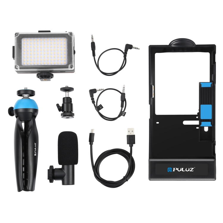 PULUZ 4 in 1 Bluetooth Handheld Vlogging Live Broadcast LED Selfie Light Smartphone Video Rig Kits with Microphone + Tripod Mount + Cold Shoe Tripod Head for iPhone, Galaxy, Huawei, Xiaomi, HTC, LG, Google, and Other Smartphones(Blue) - 7