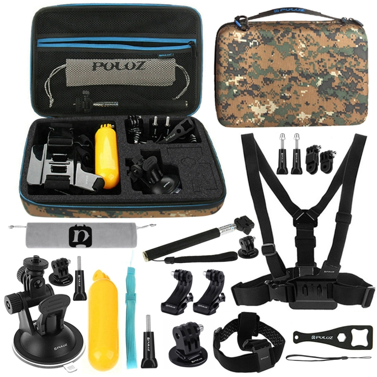 PULUZ 20 in 1 Accessories Combo Kit with Camouflage EVA Case (Chest Strap + Head Strap + Suction Cup Mount + 3-Way Pivot Arm + J-Hook Buckles + Extendable Monopod + Tripod Adapter + Bobber Hand Grip + Storage Bag + Wrench) for GoPro HERO10 Black /GoPro HERO10 Black / HERO9 Black / HERO8 Black / HERO7 /6 /5 /5 Session /4 Session /4 /3+ /3 /2 /1, DJI Osmo Action and Other Action Cameras - 1