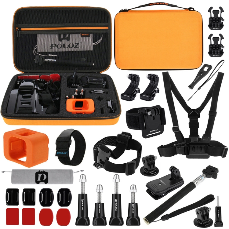 PULUZ 29 in 1 Accessories Combo Kits with Orange EVA Case (Chest Strap + Head Strap + Wrist Strap + Floating Cover + Surface Mounts + Backpack Rec-mount + J-Hook Buckles + Extendable Monopod + Tripod Adapter + Quick Release Buckles + Storage Bag + Wrench) for GoPro HERO5 Session /4 Session / Session - 1