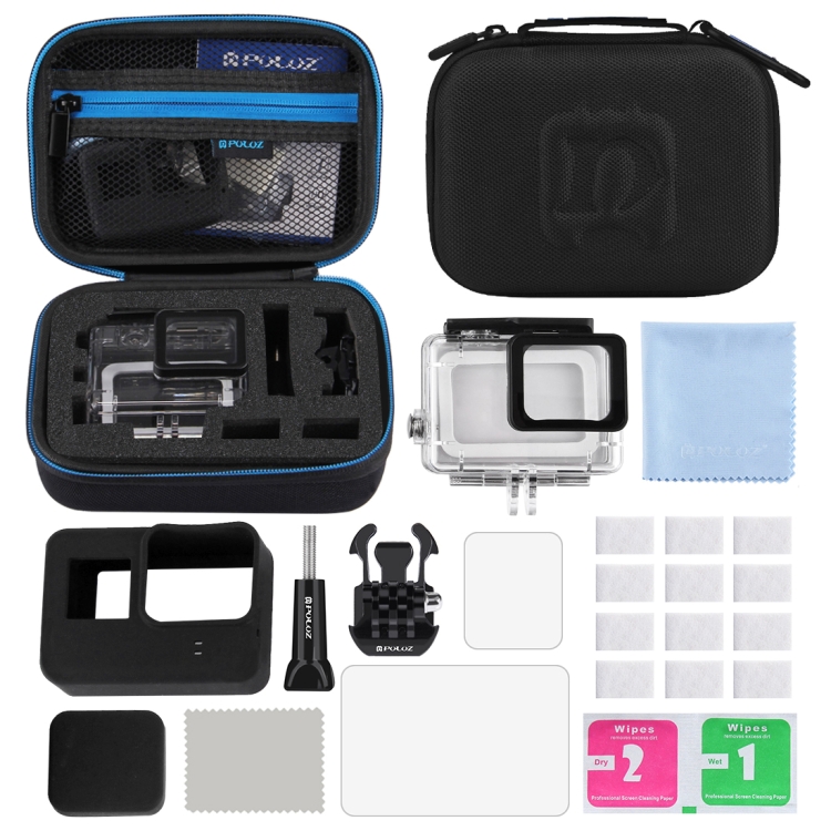 PULUZ 12 in 1 Surfing Accessories Combo Kits with Small EVA Case (Diving Case + Silicone Case +  Lens HD Screen Protector + LCD Display Tempered Glass Film + Anti-Fog Inserts + Clean Cloth) for GoPro HERO7 Black /6 /5 - 1
