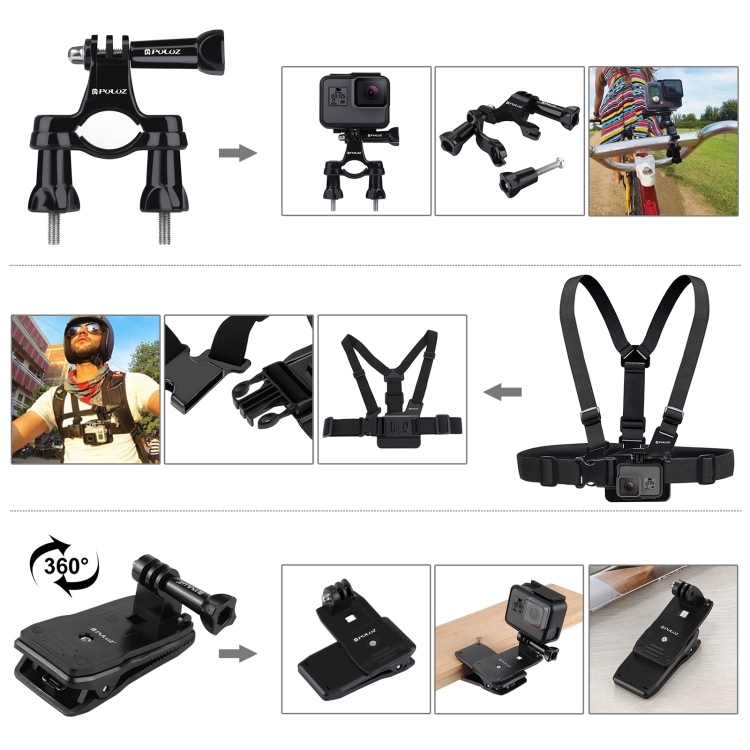 PULUZ 50 in 1 Accessories Total Ultimate Combo Kits with EVA Case (Chest Strap + Suction Cup Mount + 3-Way Pivot Arms + J-Hook Buckle + Wrist Strap + Helmet Strap + Extendable Monopod + Surface Mounts + Tripod Adapters + Storage Bag + Handlebar Mount) for GoPro HERO10 Black / HERO9 Black / HERO8 Black / HERO7 /6 /5 /5 Session /4 Session /4 /3+ /3 /2 /1, DJI Osmo Action and Other Action Cameras - 3