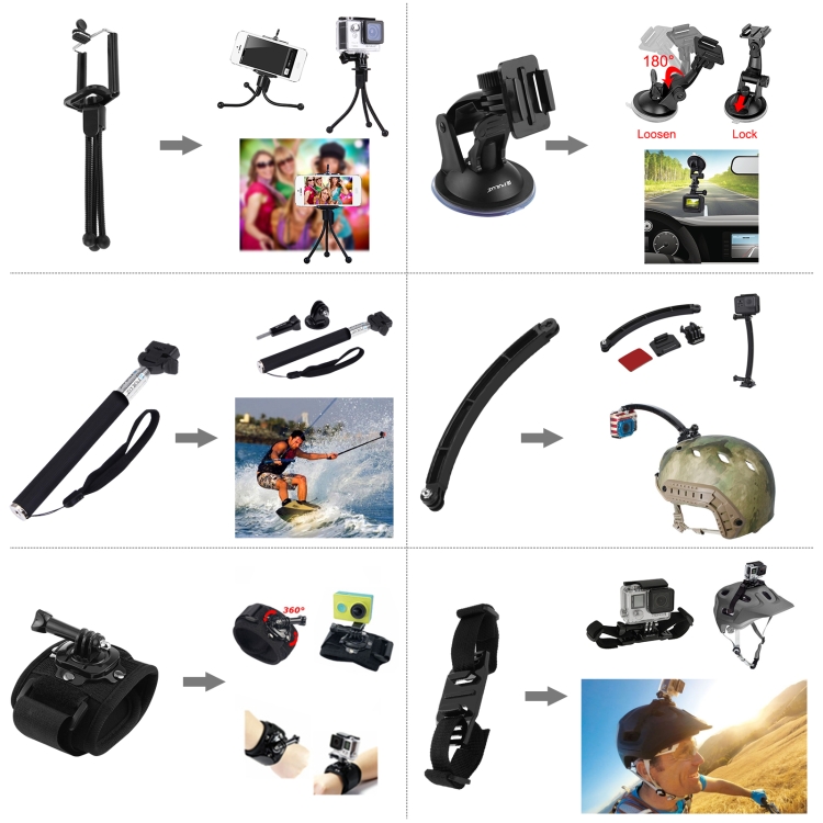 PULUZ 50 in 1 Accessories Total Ultimate Combo Kits with EVA Case (Chest Strap + Suction Cup Mount + 3-Way Pivot Arms + J-Hook Buckle + Wrist Strap + Helmet Strap + Extendable Monopod + Surface Mounts + Tripod Adapters + Storage Bag + Handlebar Mount) for GoPro Hero11 Black / HERO10 Black / GoPro HERO9 Black / HERO8 Black / HERO7 /6 /5 /5 Session /4 Session /4 /3+ /3 /2 /1, DJI Osmo Action and Other Action Cameras - 4