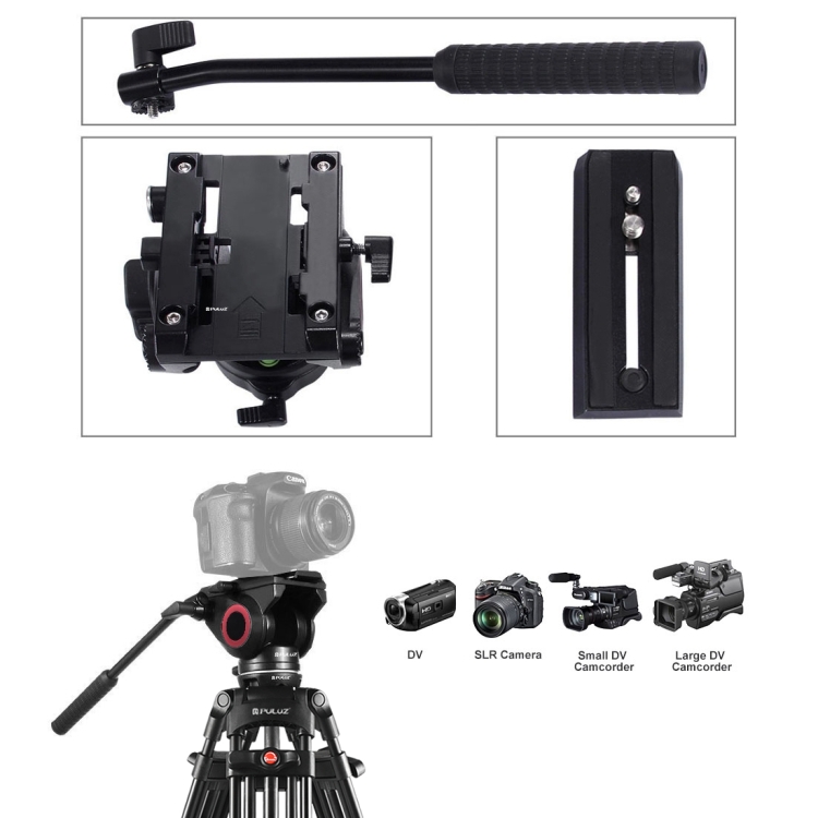 PULUZ 3 in 1 (Tripod + Bowl Adapter + Black Fluid Drag Head) Heavy Duty Video Camcorder Aluminum Alloy Tripod Mount Kit for DSLR / SLR Camera, Adjustable Height: 62-152cm - 5