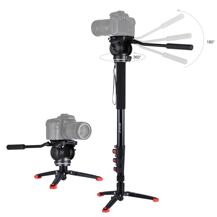 PULUZ Four-Section Telescoping Aluminum-magnesium Alloy Self-Standing Monopod + Fluid Head with Support Base Bracket - 5