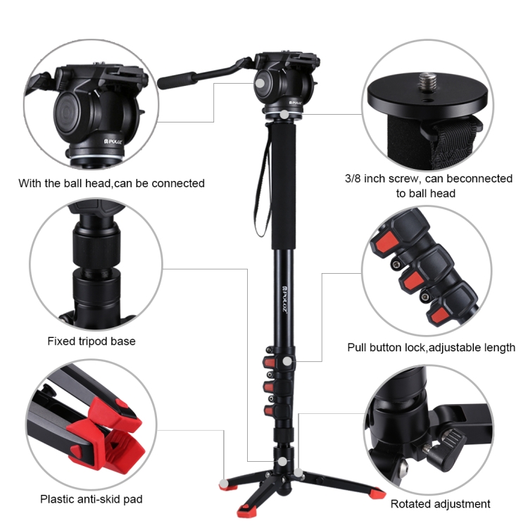 PULUZ Four-Section Telescoping Aluminum-magnesium Alloy Self-Standing Monopod + Fluid Head with Support Base Bracket - 6