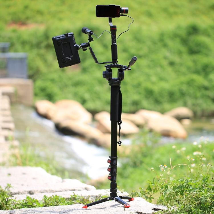 PULUZ Four-Section Telescoping Aluminum-magnesium Alloy Self-Standing Monopod + Fluid Head with Support Base Bracket - 8