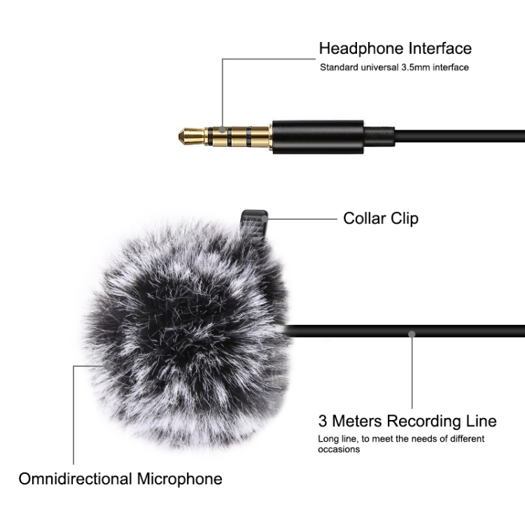 PULUZ 3m 3.5mm Jack Lavalier Wired Condenser Recording Microphone with Fur Windscreen Cap - 2