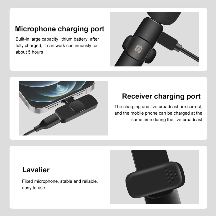 PULUZ Wireless Lavalier Noise Reduction Reverb Microphone for 8-Pin Device, Support Phone Charging(Black) - 2