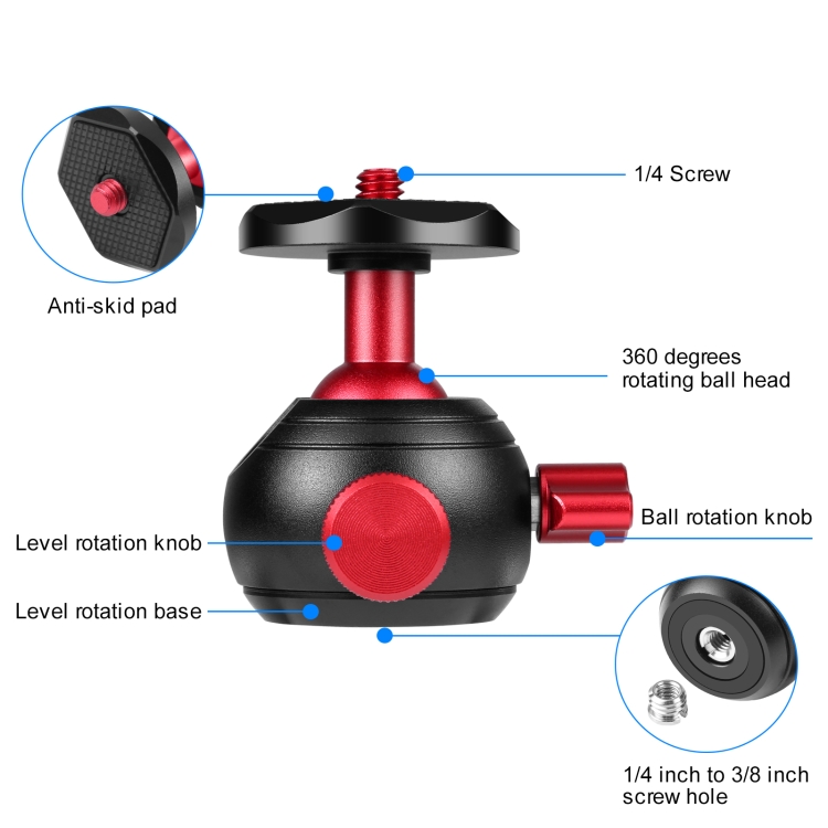 PULUZ 360 Degree Panoramic Metal Tripod Ball Head Adapter(Red) - 3
