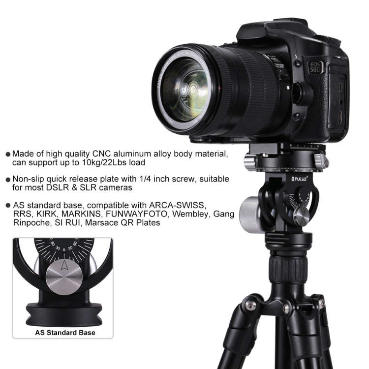 PULUZ 2-Way Pan/Tilt Tripod Head Panoramic Photography Head with Quick Release Plate & 3 Bubble Level - 11