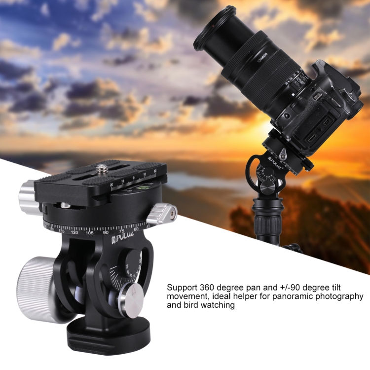 PULUZ 2-Way Pan/Tilt Tripod Head Panoramic Photography Head with Quick Release Plate & 3 Bubble Level - 12