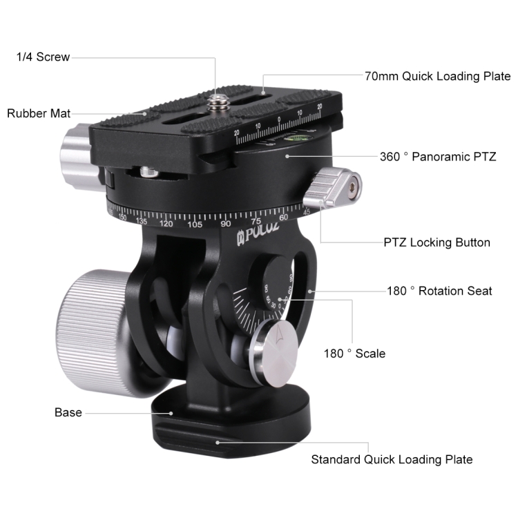 PULUZ 2-Way Pan/Tilt Tripod Head Panoramic Photography Head with Quick Release Plate & 3 Bubble Level - 7
