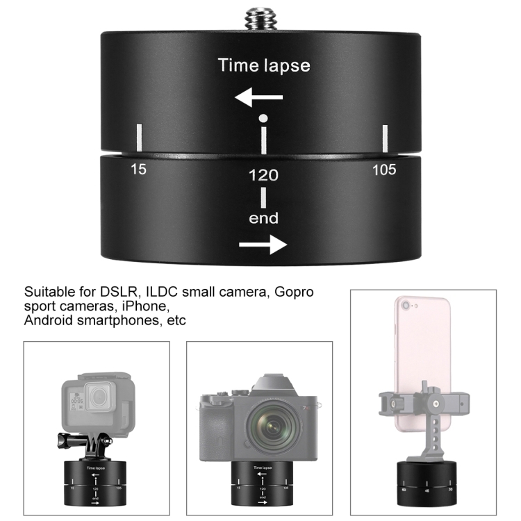 PULUZ 360 Degrees Panning Rotation 120 Minutes Time Lapse Stabilizer Tripod Head Adapter for GoPro HERO10 Black / HERO9 Black / HERO8 Black / HERO7 /6 /5 /5 Session /4 Session /4 /3+ /3 /2 /1, Xiaoyi and Other Action Cameras - 3