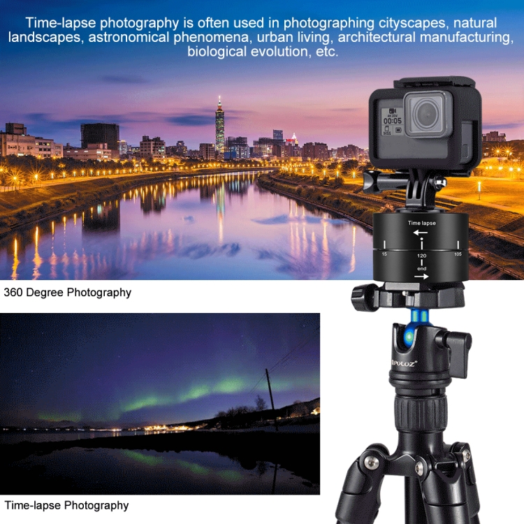 PULUZ 360 Degrees Panning Rotation 120 Minutes Time Lapse Stabilizer Tripod Head Adapter for GoPro HERO10 Black / HERO9 Black / HERO8 Black / HERO7 /6 /5 /5 Session /4 Session /4 /3+ /3 /2 /1, Xiaoyi and Other Action Cameras - 5