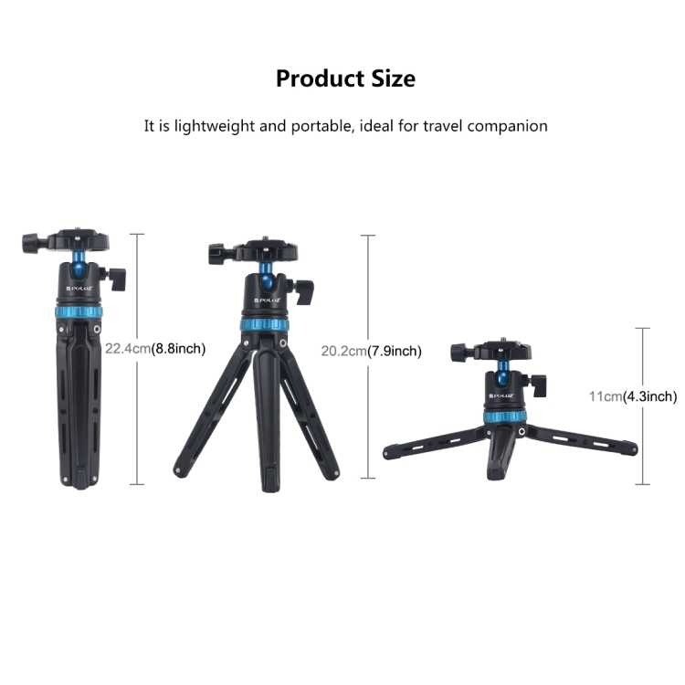 PULUZ Pocket Mini Adjustable Metal Desktop Tripod Mount with 360 Degree Ball Head for DSLR & Digital Cameras, Adjustable Height: 11-20.2cm(Blue) - 3