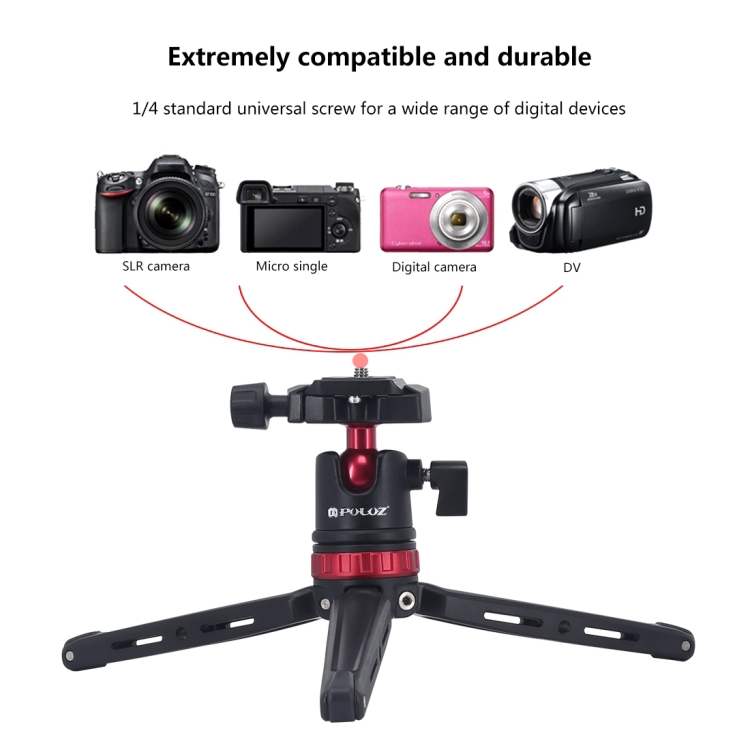 PULUZ Pocket Mini Adjustable Metal Desktop Tripod Mount with 360 Degree Ball Head for DSLR & Digital Cameras, Adjustable Height: 11-20.2cm(Red) - 8