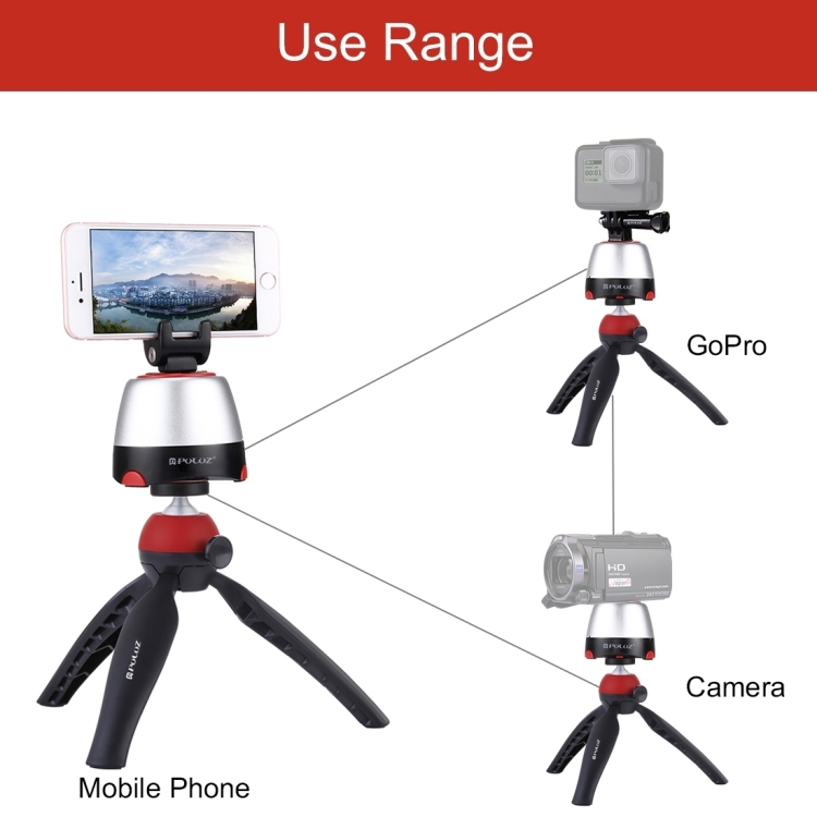 PULUZ Electronic 360 Degree Rotation Panoramic Head + Tripod Mount + GoPro Clamp + Phone Clamp with Remote Controller for Smartphones, GoPro, DSLR Cameras(Red) - 2