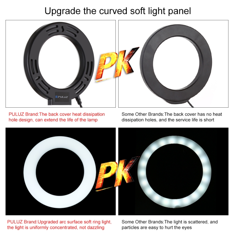 PULUZ 4.7 inch 12cm USB 3 Modes Dimmable LED Ring Selfie Beauty Vlogging Photography Video Lights with Tripod Ball Head(Black) - 7