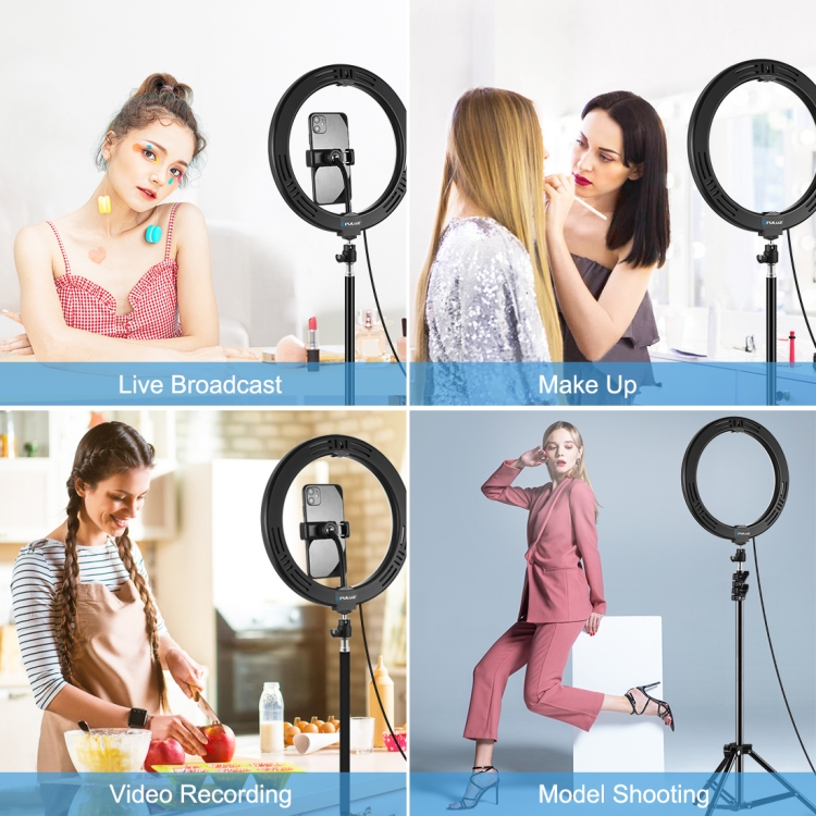 PULUZ 10.2 inch 26cm USB 3 Modes Dimmable LED Ring Vlogging Selfie Beauty  Photography Video Lights with Tripod Ball Head & Phone Clamp(Black) - 6