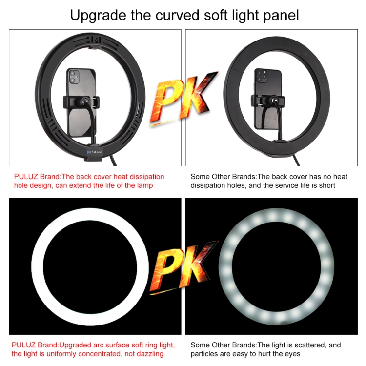 PULUZ 10.2 inch 26cm USB RGBW Dimmable LED Ring Vlogging Photography Video Lights with Tripod Ball Head & Remote Control & Phone Clamp(Black) - 10
