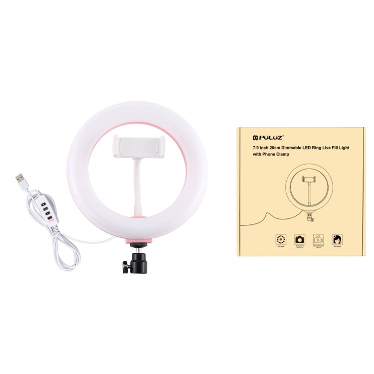 PULUZ 7.9 inch 20cm USB 3 Modes Dimmable Dual Color Temperature LED Curved Light Ring Vlogging Selfie Photography Video Lights with Phone Clamp(Pink) - 8