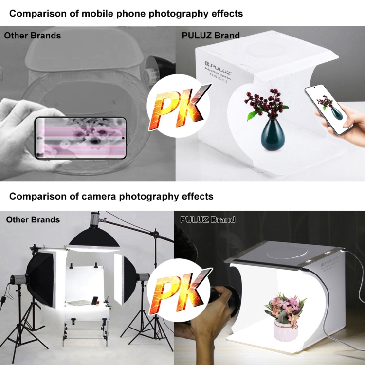 PULUZ 20cm Include 2 LED Panels Folding Portable 1100LM Light Photo Lighting Studio Shooting Tent Box Kit with 6 Colors Backdrops (Black, White, Yellow, Red, Green, Blue), Unfold Size: 24cm x 23cm x 23cm - 6
