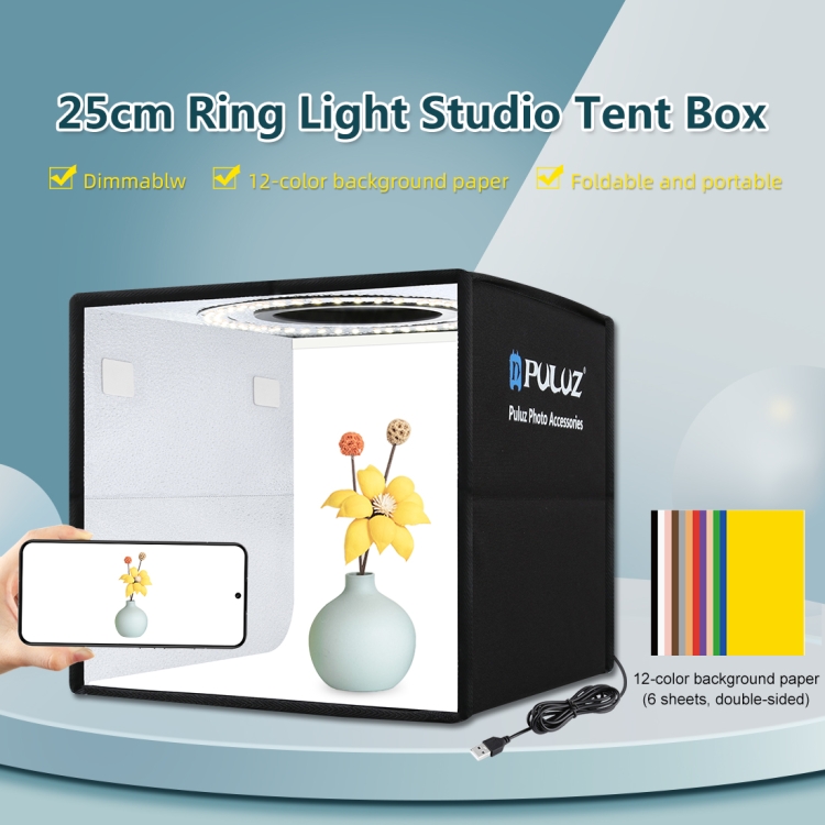 PULUZ 25cm Folding Portable High 97 CRI Ring Light Photo Lighting Studio Shooting Tent Box with 12 Colors Backdrops, Size: 25cm x 25cm x 25cm(Black) - 1