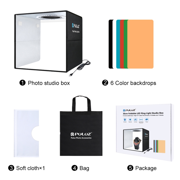 PULUZ 30cm Folding  High 97 CRI Ring Light Photo Lighting Studio Shooting Tent Box Kit with 6 Colors Backdrops (Black, White, Orange, Red, Green, Blue), Unfold Size: 30cm x 30cm x 30cm(Black) - 11