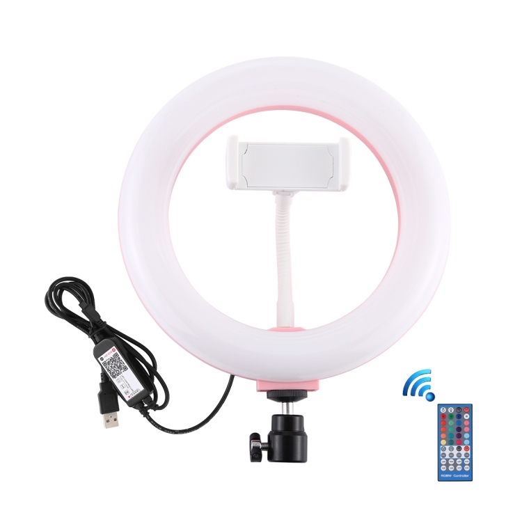 PULUZ 7.9 inch 20cm USB RGB Dimmable LED Dual Color Temperature LED Curved Light Ring Vlogging Selfie Photography Video Lights with Phone Clamp(Pink) - 1