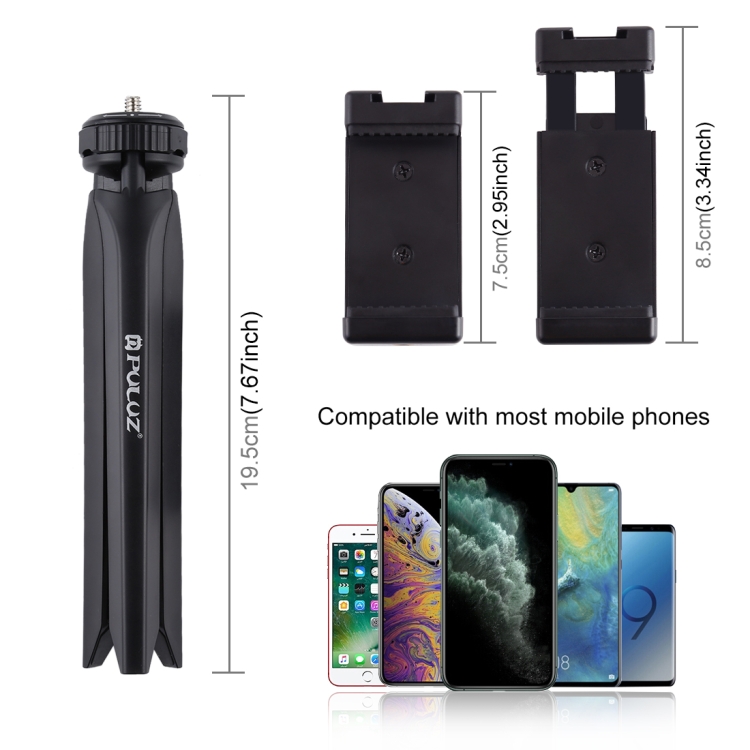 PULUZ Pocket Mini Plastic Tripod Mount with Phone Clamp for Smartphones(Black) - 2