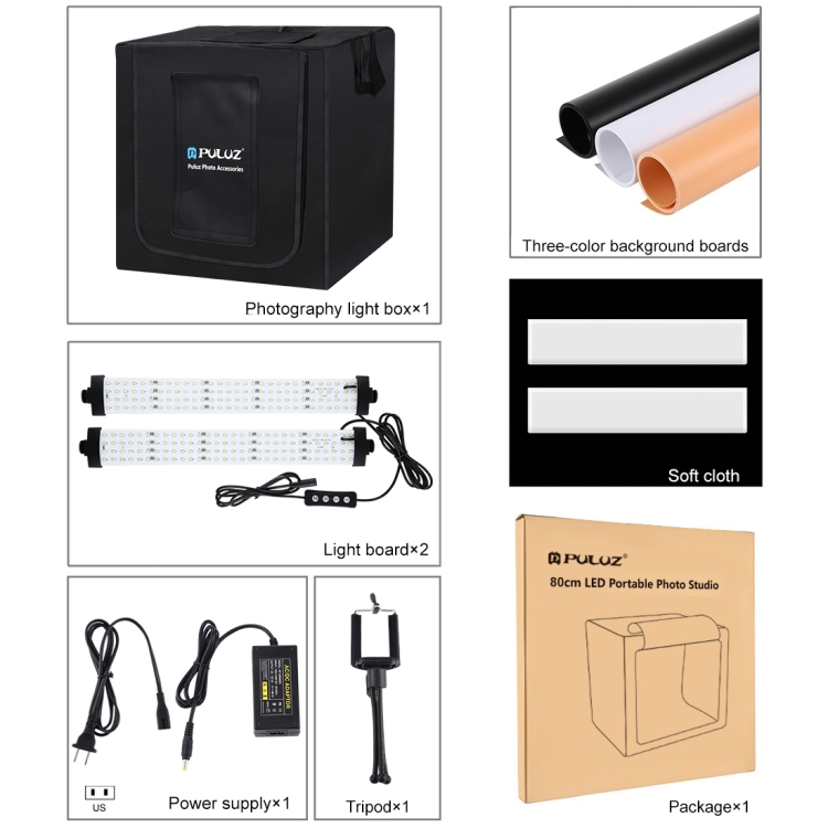 PULUZ 80cm Folding Portable 80W 9050LM White Light Photo Lighting Studio Shooting Tent Box Kit with 3 Colors (Black, White, Orange) Backdrops(US Plug) - 11