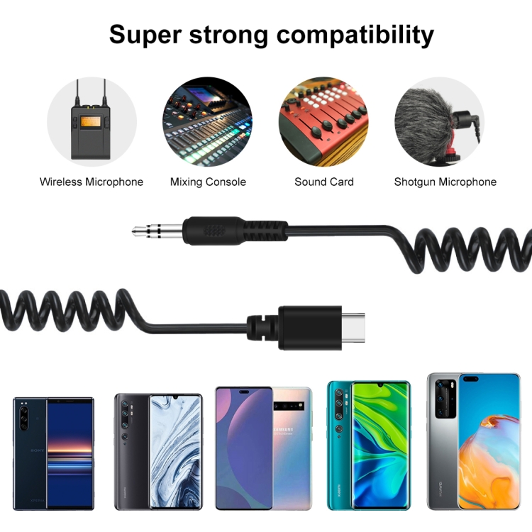 PULUZ 3.5mm TRRS Male to Type-C / USB-C Male Live Microphone Audio Adapter Spring Coiled Cable for Samsung, Huawei and Smartphones, Cable Stretching to 100cm(Black) - 4