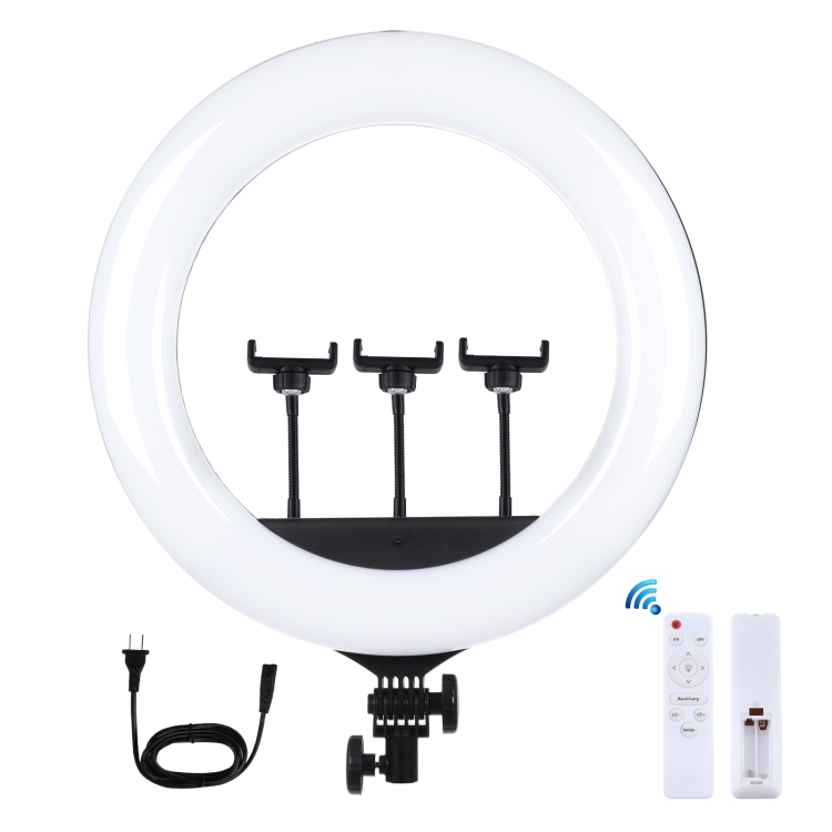 PULUZ 18 inch 46cm Curved Surface USB 3 Modes Dimmable White Light LED Ring Vlogging Photography Video Lights with Remote Control & 3 x Phone Clamps(US Plug) - 1
