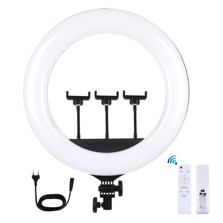 PULUZ 18 inch 46cm Curved Surface USB 3 Modes Dimmable White Light LED Ring Vlogging Photography Video Lights with Remote Control & 3 x Phone Clamps(EU Plug) - 1