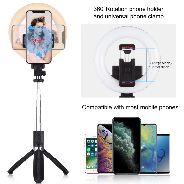 PULUZ 6.3 inch 16cm Ring LED Live Broadcast Vlogging Selfie Light + Bluetooth Selfie Stick Tripod Mount(Black) - 6