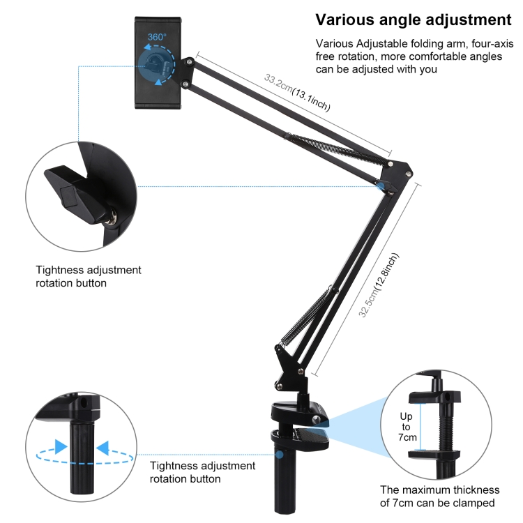 PULUZ  Live Broadcast Desktop Arm Stand Suspension Clamp Holder with Tablet PC Clamp (Black) - 3