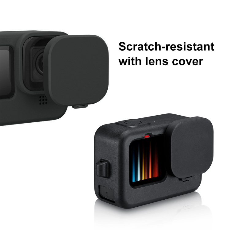 PULUZ for GoPro Hero11 Black / HERO10 Black / HERO9 Black Silicone Protective Case + POM Side Interface Cover with Wrist Strap & Lens Cover(Black) - 5