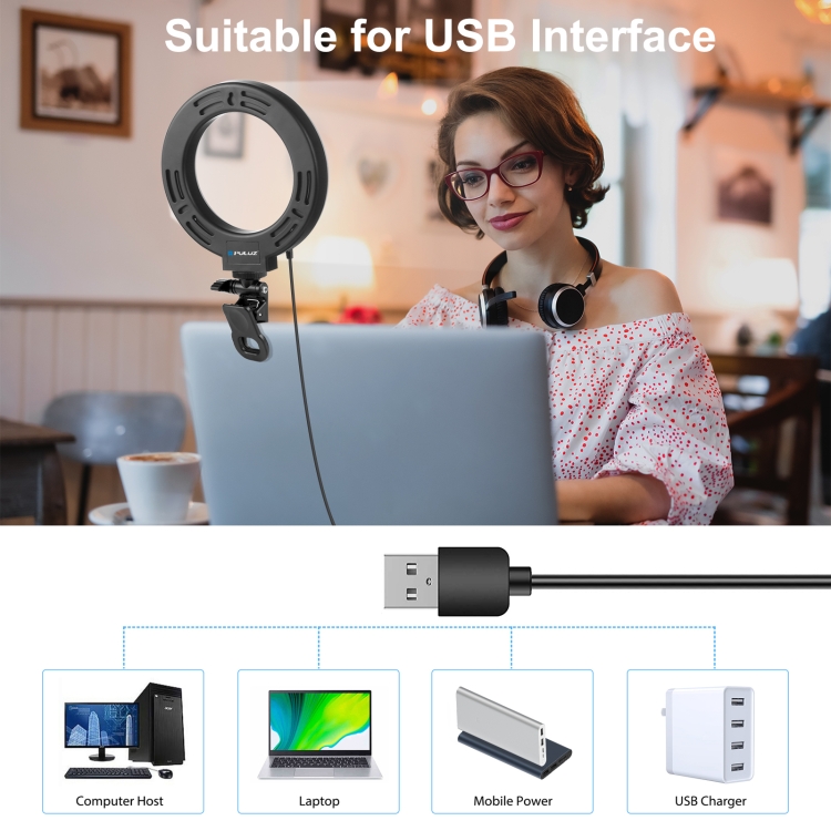 PULUZ 6.2 inch 16cm Ring Selfie Light 3 Modes USB Dimmable Dual Color Temperature LED Curved Vlogging Photography Video Lights with  Monitor Clip Holder(Black) - 5
