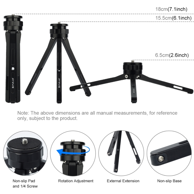 PULUZ  Adjustable Aluminum Alloy Mini Tripod Stand Tabletop Tripod for DSLR & Digital Cameras(Black) - 2