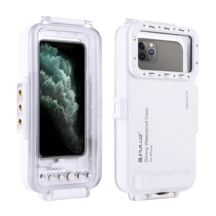 PULUZ 45m/147ft Waterproof Diving Case Photo Video Taking Underwater Housing Cover for iPhone 14 Series, iPhone 13 Series, iPhone 12 Series, iPhone 11 Series, iPhone X Series, iPhone 8 & 7, iPhone 6s, iOS 13.0 or Above Version iPhone(White) - 1