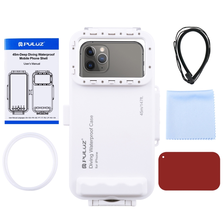 PULUZ 45m/147ft Waterproof Diving Case Photo Video Taking Underwater Housing Cover for iPhone 14 Series, iPhone 13 Series, iPhone 12 Series, iPhone 11 Series, iPhone X Series, iPhone 8 & 7, iPhone 6s, iOS 13.0 or Above Version iPhone(White) - 11