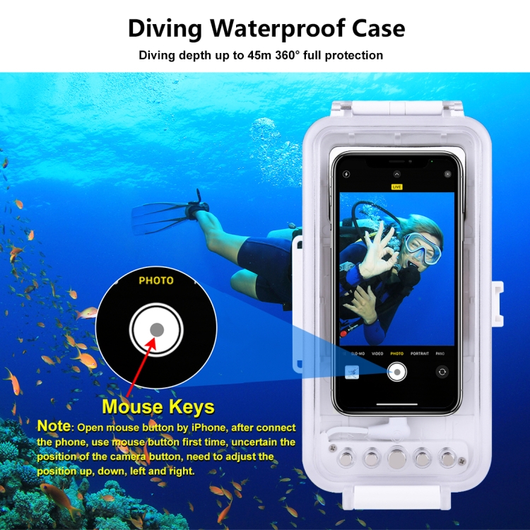 PULUZ 45m/147ft Waterproof Diving Case Photo Video Taking Underwater Housing Cover for iPhone 13 Series, iPhone 12 Series, iPhone 11 Series, iPhone X Series, iPhone 8 & 7, iPhone 6s, iOS 13.0 or Above Version iPhone(White) - 6