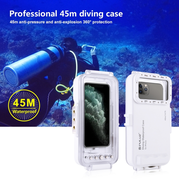PULUZ 45m/147ft Waterproof Diving Case Photo Video Taking Underwater Housing Cover for iPhone 13 Series, iPhone 12 Series, iPhone 11 Series, iPhone X Series, iPhone 8 & 7, iPhone 6s, iOS 13.0 or Above Version iPhone(White) - 7