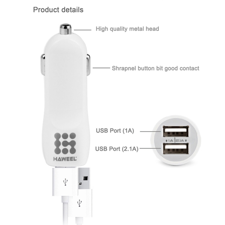 [US Warehouse] HAWEEL High Quality 2.1A + 1A Dual USB Ports Car Charger(White) - 7
