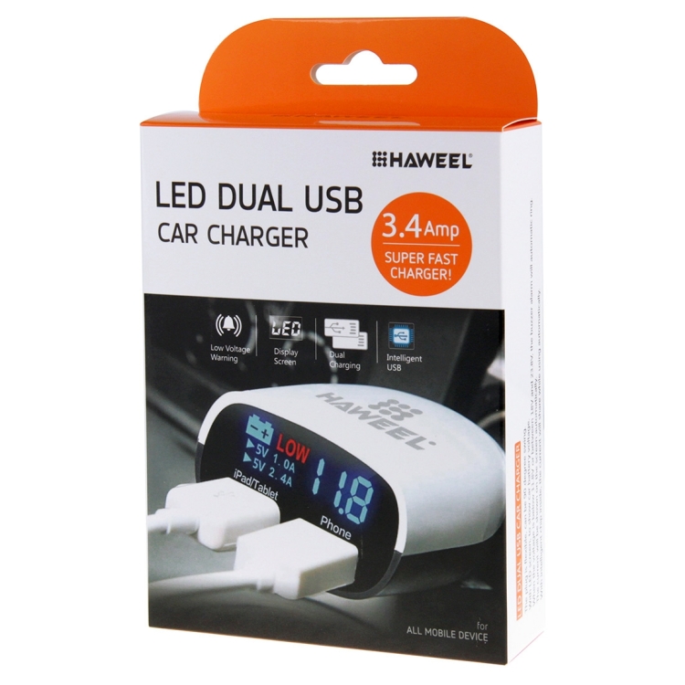 [US Warehouse] HAWEEL 3.4A Dual USB Ports LED Display QC 3.0 Quick Car Charger for Smartphone / Tablet PC, Support  FCP and AFC Fast Charging Protocol(Black) - 5