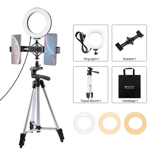 PULUZ Tripod Mount Live Broadcast Dual Phone Bracket inch 16cm LED  Ring Vlogging Video Light Kits - Main Image